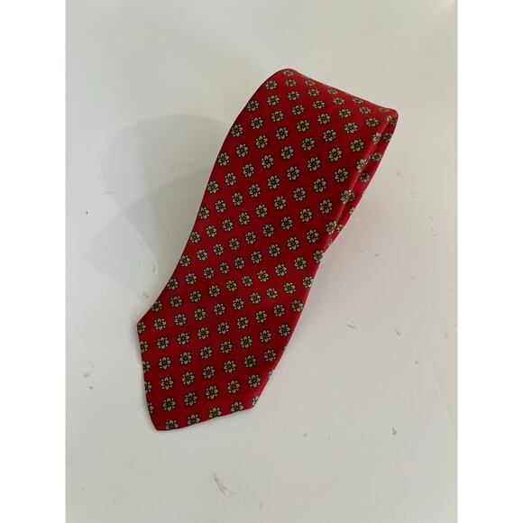Vintage Men's Tie Red with Gold Geometric Flower Print JL - Picture 1 of 7